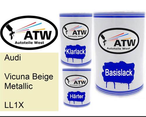 Audi, Vicuna Beige Metallic, LL1X: 500ml Lackdose + 500ml Klarlack + 250ml Härter - Set, von ATW Autoteile West.